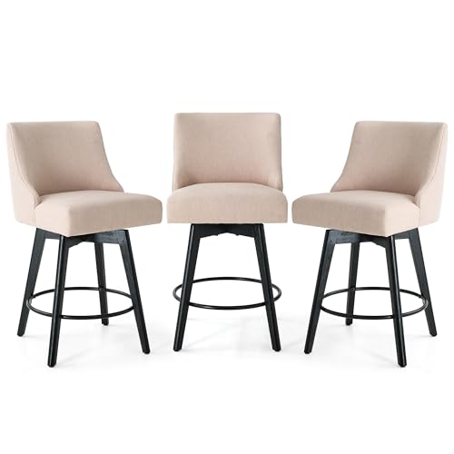 Image of Swivel Counter Height Bar Stools Set of 3, Modern Fabric Swivel Barstools with Contoured Back and Solid Wood Legs, Upholstered Counter Stool Bar Chairs for Kitchen Island, Home Bar, Beige