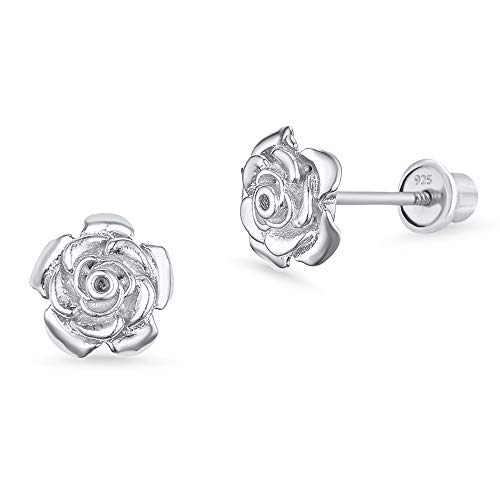 925 Sterling Silver Rhodium Plated Rose Flower Cubic Zirconia Screwback Baby Girls Earrings
