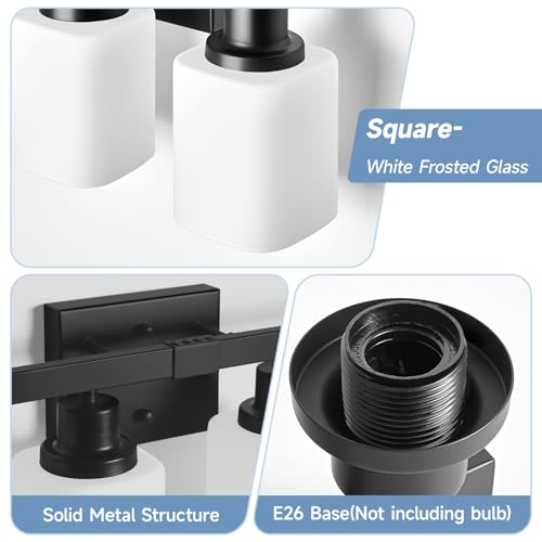 Image of 4-Light Bathroom Vanity Light, Modern Matte Black Bathroom Light Fixtures with Square Frosted Glass, Wall Sconces fixtures Over Mirror Restroom,Living Room Hallway E26