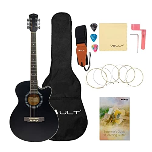 Image of VAULT EA20 Basswood Guitar Kit With Learn To Play E-Book, Bag, Strings, Straps, Picks, String Winder & Polishing Cloth - 40 Inch Cutaway Acoustic Guitar (Matte Black)