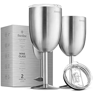 FineDine Premium Grade 18/8 Stainless Steel Wineglasses 12 Oz. Double-Walled Insulated Unbreakable Goblets (Set of 2…
