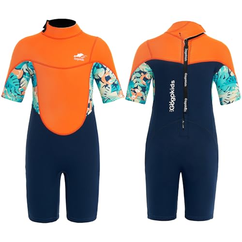 Gogokids Shorty Neoprenanzug Kinder, 2,5mm Neoprenanzüge Rückenreißverschluss Kleinkinder Kurze Nassanzüge Komfort & Wärme, UV Neopren für Schwimmen, Schnorcheln und Surfen, Alter 7-8 Jung, Orange
