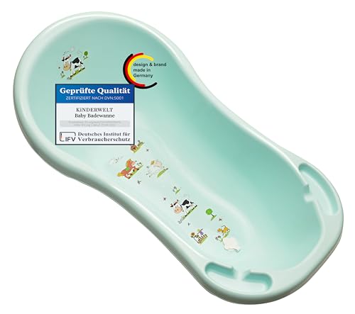 KiNDERWELT Babywanne 100 cm - Baby Badewanne mit Funny Farm Motiv - BPA-Frei - Wanne zum Baden für Babys und Neugeborene -aqua