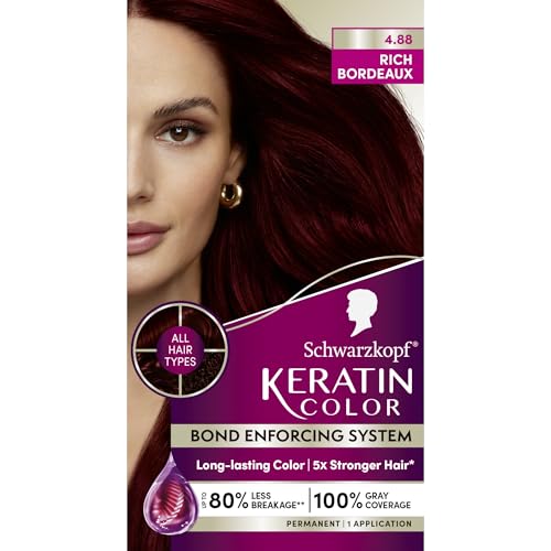 Schwarzkopf Keratin Color Permanent Hair Color 4.8 Rich Bordeaux 1 Application - Salon Inspired Permanent Hair Dye for up to 80% Less Breakage vs Untreated Hair and up to 100% Gray Coverage