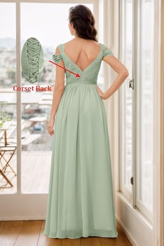 Women's Off The Shoulder Bridesmaid Dresses A-Line Formal Dresses Slit V-Neck Ruched Chiffon Evening Party Gowns3