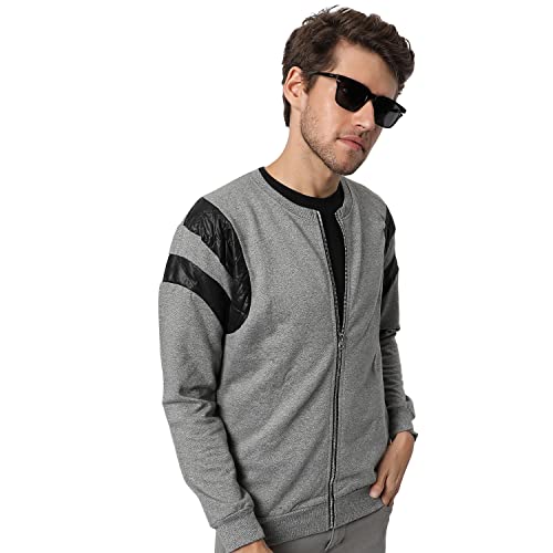 Image of Campus Sutra Men's Light Grey Solid Vegan Leather Regular Fit Cotton Jacket For Winter Wear | Round Neck Collar | Full Sleeve | Zipper | Casual Jacket For Man | Western Stylish Jacket For Men