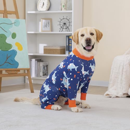 Yeapeeto Einteiler für Hunde, zur Erholung, für große und mittelgroße Hunde, Schlafanzug, Ganzkörper für Haarausfall, Allergien, Anti-Lecken, Wundschutz, Kegel-Alternative(4XL, Blau-Hai)