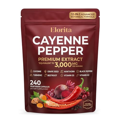 Elorita Cayenne Pepper Softgels 12 Premium Ingredients Working Together Vegan Friendly Gluten-Free Non-Gmo Supports Energy Metabolism & Digestive Immune 240 Softgels