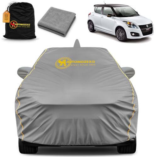 Image of Maruti Suzuki Swift 100% Waterproof Car Cover for All Weather Protection with Mirror & Antena Pocket Inner Cotton Triple Stitched Adjustable Belt Bottom Elastic Cover to Secure Fit -Grey