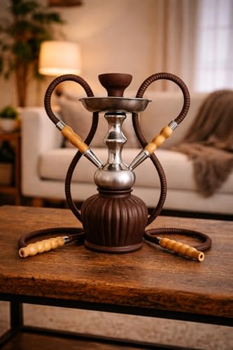 Image of FAB HOME DECOR QT Econo Dual Hose Hookah | Designer Double Pipe Aluminium Stem 12 Inch Glass, Steel Hookah Set For Heavy Smoke | Perfect for Party Lovers (Brown)