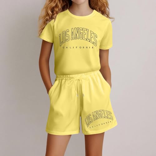 Girls Summer Outfits Los Angeles Letter Print Graphic T Shirts and Drawstring Shorts Casual 2 Piece Clothing Sets 3-14 Years3