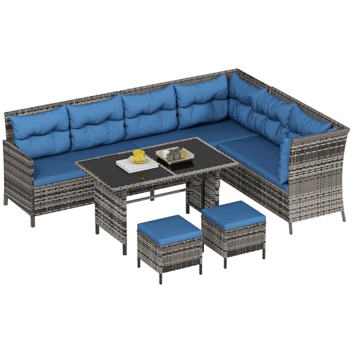Outsunny 6 Pieces Patio Dining Set Wicker Outdoor Furniture Set Garden Rattan Sofa Set Outdoor Sectional Couch with Cushions, Dining Table and Ottomans, Blue