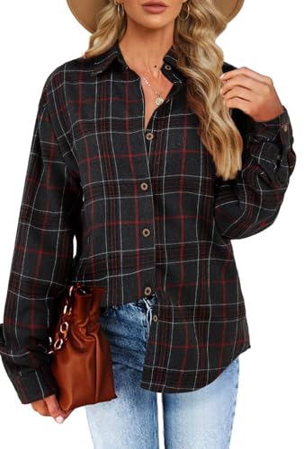 Fisoew Damen Langarm Karierte Blusen Flanell Button Down Jacken Casual Langarmshirts Grau L