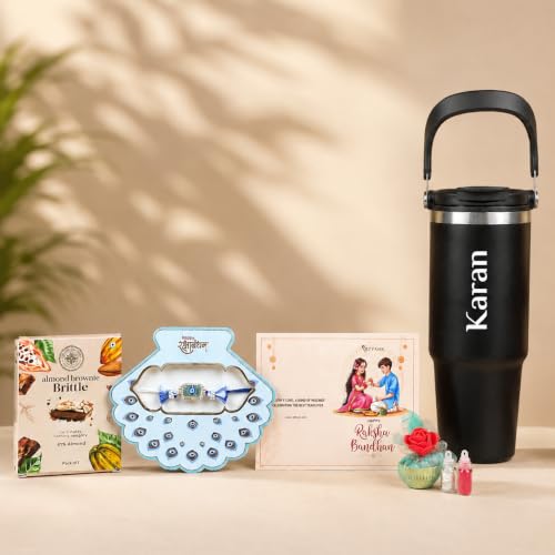 Image of Giftana Rakhi Gift Set for Brother - Personalized Tumbler, Evil Eye Rakhi with Brownie Brittle Set for Raksha Bandhan Gift for Brother, Bhai, Coffee Tumbler 900ml