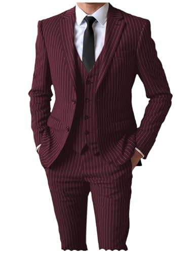 Men’s Pinstripe 3 Piece Suit Slim Fit Casual Business Wedding Party Blazer Vest Pants Set