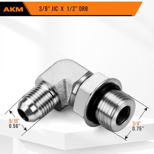 Image of 90 Elbow Straight Hydraulic Hose Adapter Fittings, 6801-06-08 3 /8 inch Male JIC (9 /16 inch-18 thread) x 1 /2 inch Male ORB (3 /4 inch-16 thread) Connectors x 5 pack
