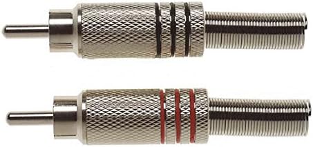 Two Stagg B0200-MH Male RCA Plugs, one with black rings and one with red rings, showing their nickel-plated bodies and central pins.