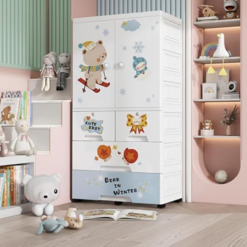 Image of Mevigo 4-Door Plastic Wardrobe for Kids| Almirah and Wardrobe for Baby Clothes| Modular Storage Cabinet with Wheel Organizer for Cupboard Rack for Clothes /Shoes /Books /Toy (White-KT-18132, 5-Door)