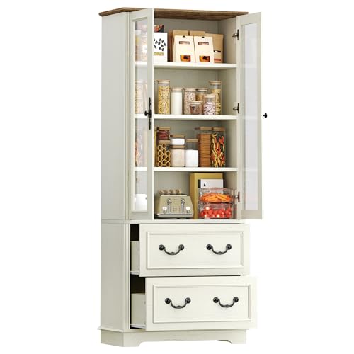 DWVO 76" Kitchen Pantry Storage Cabinet, Freestanding Display Cabinets with Glass Doors & Adjustable Shelves & Drawers, Tall Farmhouse Cupboard for Dining Room, Living Room, Bathroom, White Walnut