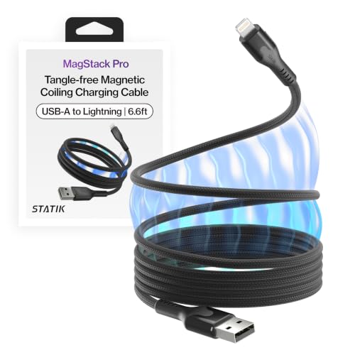 Image of Statik MagStack USB A to Lightning Coiling Magnetic Charging Cable, 12W | MFi-certified Nylon Braided Tangle-Free, Magnetic Coiling, Data Transfer, Compatible with iPhone & iPad, 6FT Black