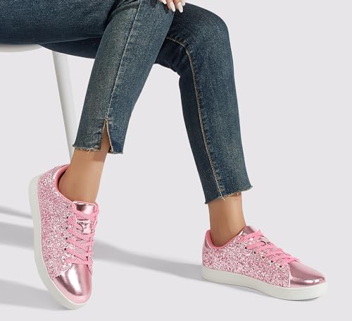 Image of LUCKY STEP Glitter Shoes Sparkly Bling Shiny Bedazzled Lace up Fashion Sneakers for Women