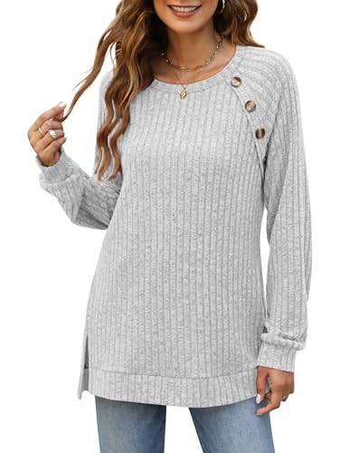 Image of Bofell Long Sleeve Shirts for Women Lightweight Button Decor Tunic Tops Side Split