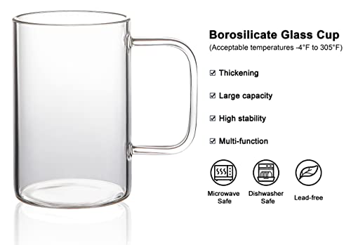 Aquach Glass Coffee Tea Mug 18 Oz Set Of 4, Large Clear Cup With Handle For Hot/Cold Beverage, Thicker Quality #TOP2