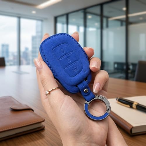 Image of KMH Alcantara Car Key Cover Compatible Hyundai Grand i10 NIOS Asta | Venue | i20 | Aura | Creta | Elantra 3 Button Shell Case Holder Full Key Protector Keycover with Keychain (D1) Blue - Pack of 2