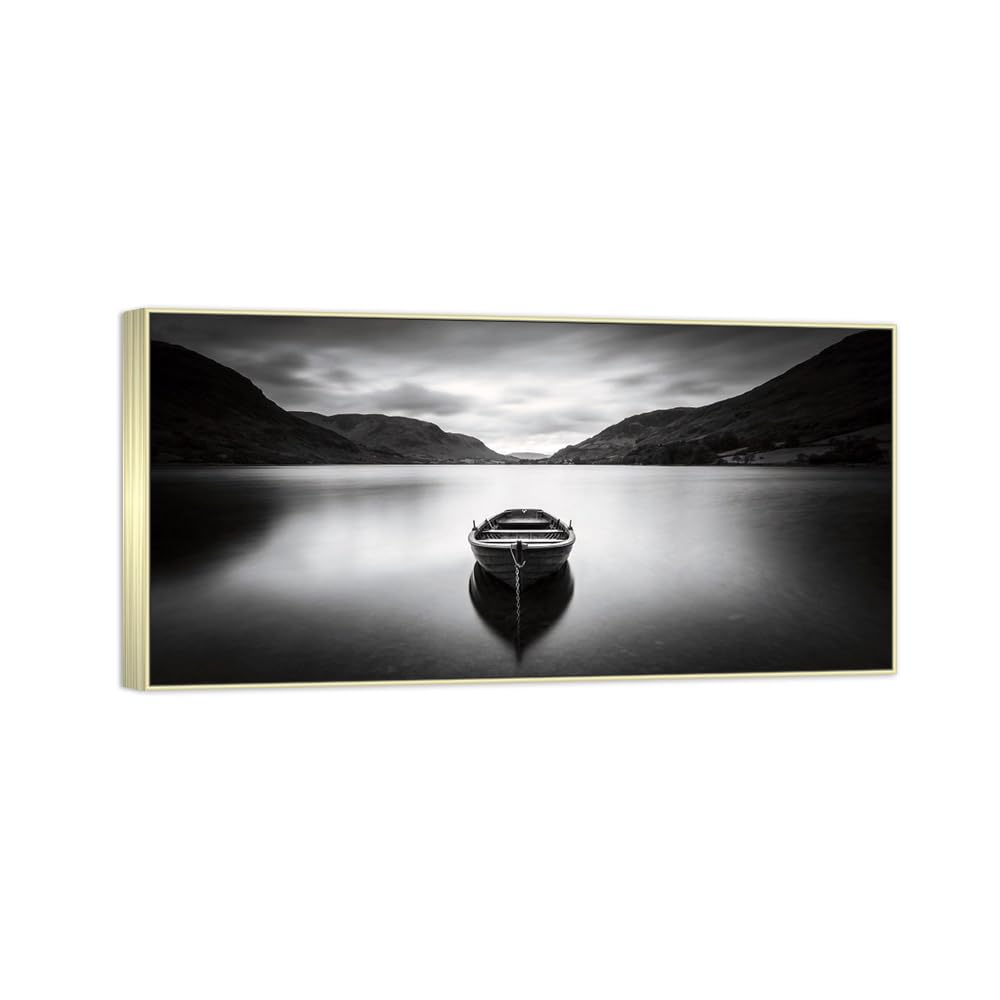 Lake Boat 4 Black White Landscape Canvas Picture 20x40cm Silver Frame