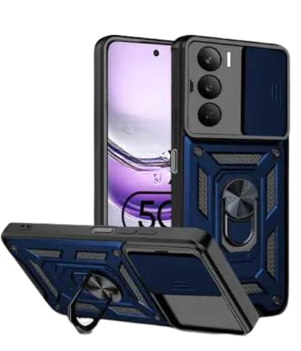 Image of SPAZY CASE Realme C73 5G Back Cover | Heavy Duty Hybrid Case with 360 Degree Rotating Finger Ring Holder + Slider Shutter Camera Protection Case for Realme C73 5G - Blue