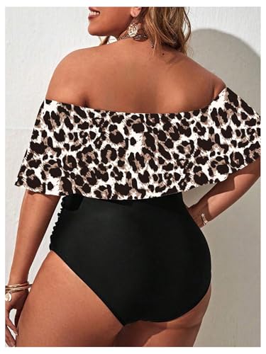 Verdusa Women's Plus Size Leopard Print Tankini Swimsuit Off Shoulder Short Sleeve Bathing Suit2