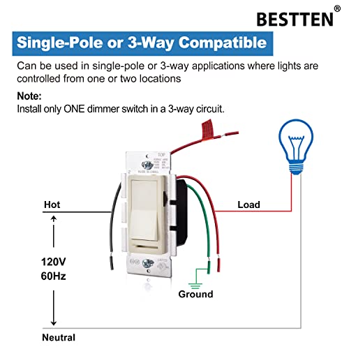 Image of BESTTEN 6 Pack Dimmer Wall Light Switch, Compatible with Dimmable LED, CFL, Incandescent and Halogen Bulb, Single Pole or 3-Way Dimmer Switches, 120VAC, Decorator Wallplate Included, Almond