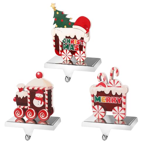 Alupssuc 3 Pcs Christmas Stocking Holders for Mantle, Metal Christmas Stocking Hangers for Fireplace-Weighted Stocking Hooks Christmas Mantel&Christmas Holiday Party Decoration, Candy Train