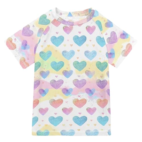 ALAZA Kids Rash Guard Boys Toddler Swim Shirts Short Sleeve Rainbow Hearts Pastel UPF 50+ 3T