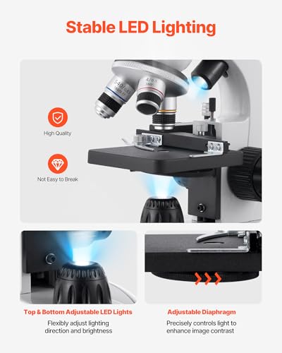 Image of VEVOR Compound Binocular Microscope, 40-2000X Magnification, Professional Compound Microscope for Adult with Phone Adapter, LED Light, Aluminum Alloy Body, for Lab, School, Home, Education