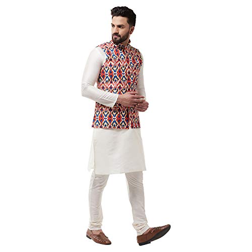 Image of SOJANYA (Since 1958, Men's Silk Blend Pink Kurta Pyjama & Printed Nehrujacket Combo