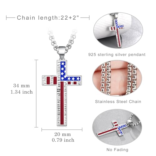 925 Sterling Silver American Flag Cross Necklace For Men Mens Faith-Based Pendant Patriotic Military Gifts Christian Jewelry ForVeterans4
