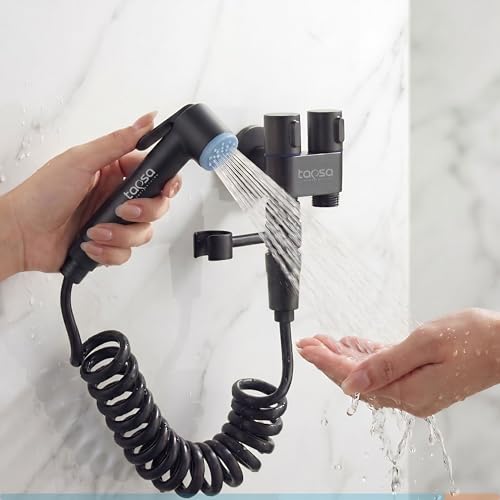 Image of Two Way Angle Cock Black with Health Faucet Set|2 in 1 Angle Cock|Angle Valve (Set of 1) for Bathroom /Wash Basin & Toilet (for HF Set & Flush) with Wall Flange Angle Valve Faucet (Wall Mount)