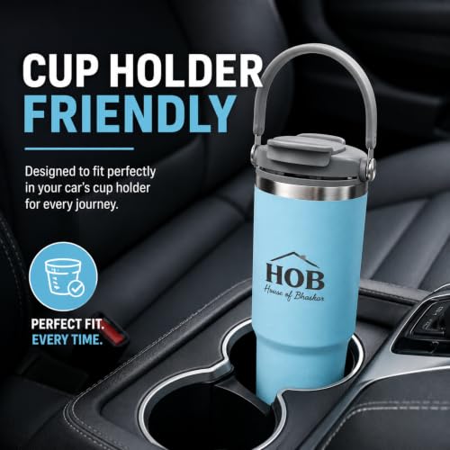 Image of House of Bhaskar 900ml Insulated Coffee Mug with Handle & Lid - Leakproof Stainless Steel Vacuum Travel Mug, Hot 8 Hrs & Cold 12 Hrs, Ideal for Gym, Office, Car & Travel (Sea Blue)