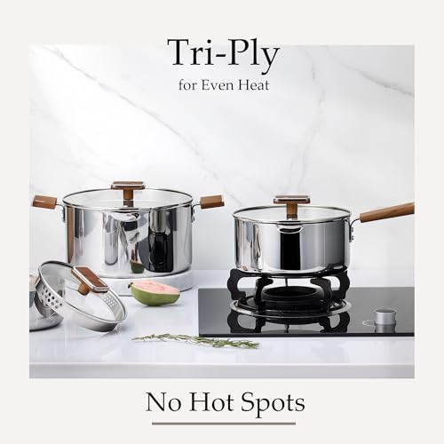 Image of CAROTE1.5Qt & 3Qt Stainless Steel Saucepan Set, Triple Ply Stainless Steel Pot, Saucepan with Glass Lid, Small Sauce Pot with Wooden Handle, Easy Pour Rim