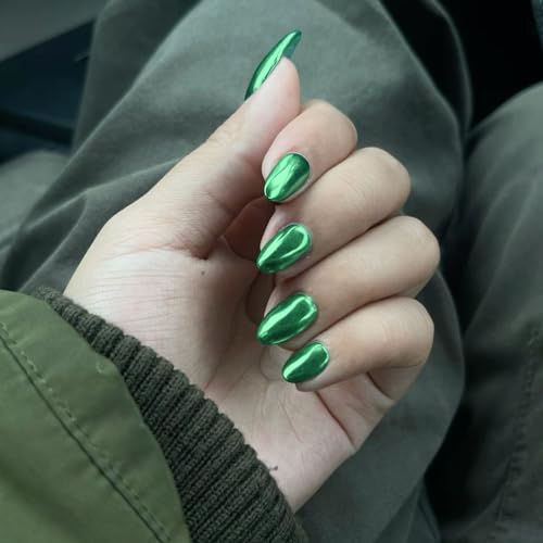 Deep Green Chrome Press on Nails Short Oval,SXVME Gold Nail Chrom...