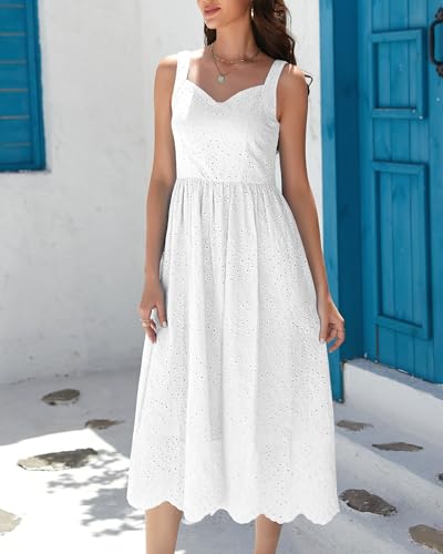 Image of Women Hollow Out Eyelet Dress 2025 V Neck Tank Sleeveless Midi Dress A Line Cute Casual Beach Vacation Dresses