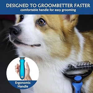 Pet Grooming Brush, 2 Sided Undercoat Rake for Dogs & Cats，Shedding Brush for Long matted Haired Pets, Effective Dematting Mats&Tangles Removing (Blue)