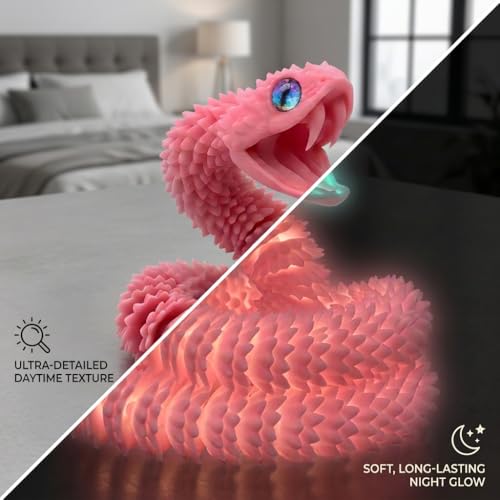 Image of 3D Printed Pink Viper Snake, 23 inch Glow in the Dark Articulated Snake Sculpture with Movable Jaw & Fangs, PLA Desk Decor for Display Shelves & Adult Collectors