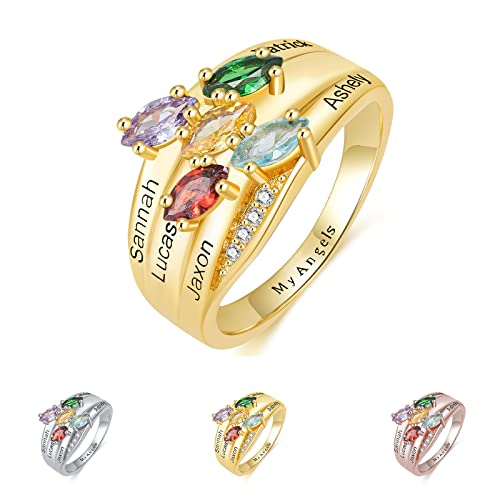 TAISGONGBY Anillo Personalizado con Apellido de Oro de 18 Quilates, Anillos para Mujer con Nombre Personalizado y 4 Piedras de Nacimiento, Navidad para San Valentín para Mamá