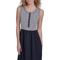 Nautica Women's Sleeveless Midi Mixed Media Striped Dress, Night Sky/Bright White, Small