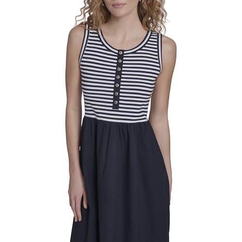 Nautica Women's Sleeveless Midi Mixed Media Striped Dress, Night Sky/Bright White, Small
