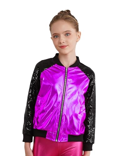 JEATHA Kids Girls Bomber Jacket Shiny Sequin Raglan Long Sleeve Zip Up Jackets for Hip Hop Latin Jazz Dance3