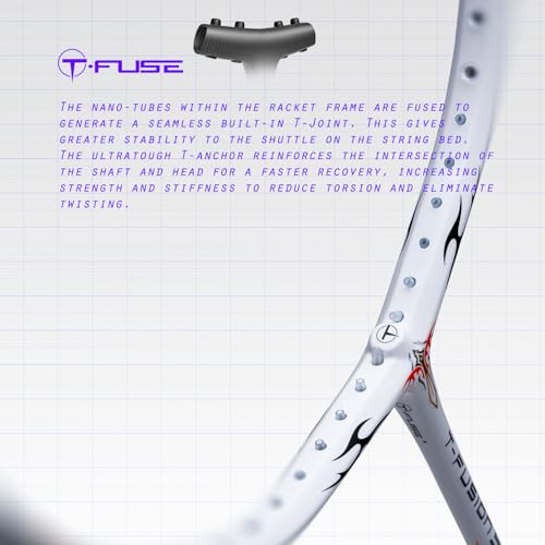 Image of Hundred T-Fusion 500 Attack Unstrung Badminton Racket with Full Cover | 84 Grams | Maximum Tension ≤32 to 34 lbs (White /Black)