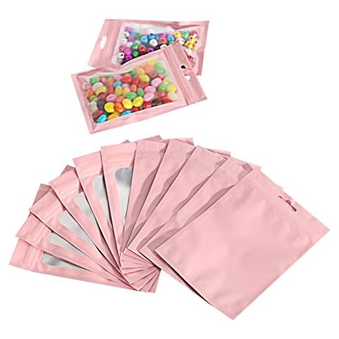 Kslong Resealable Mylar Bags, 100PCS Small Ziplock Foil bags for Jewelry, Little Plastic Bags Pouches for Small Business Packaging, Food Storage, Holographic, Gift, Wax Melts, Candy(Pink, 9x16 cm) Cover